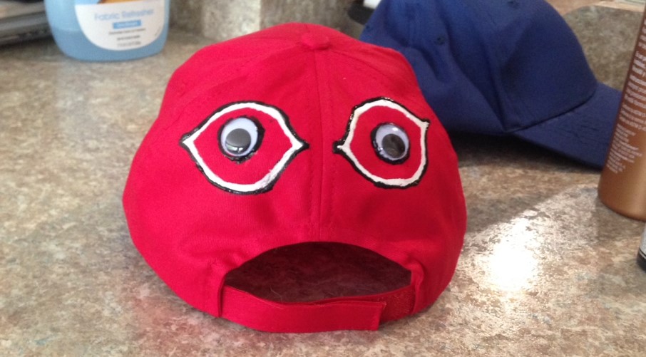 Front view of red baseball cap with googly eyes used as a DIY blackbird deterrent